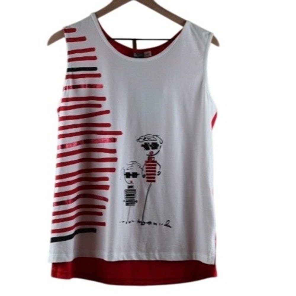 Simply Art by Dolcezza Sleeveless Graphic Tank Top Red White Sequin XL 20693